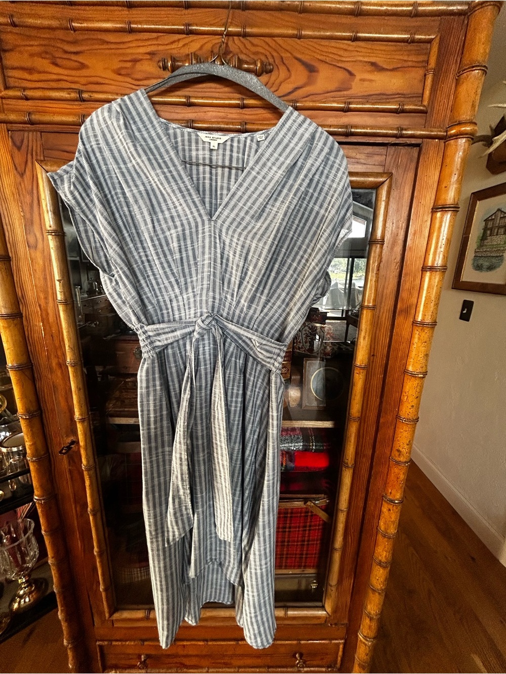 Max Studio Light Blue and White Striped V-Neck Midi Dress with Tie Waist